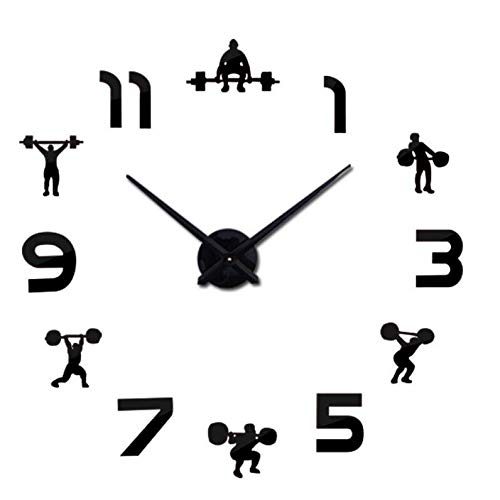 GYGUYHIHY Halterofilia Fitness DIY Reloj de Pared Grande Levantamiento de Pesas Culturismo Reloj de Pared sin Marco Etiqueta de Pared de Espejo 3D, Reloj de Moda, Oro,Black