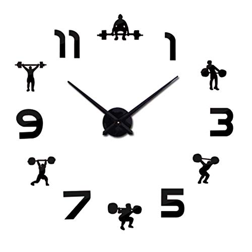 GYGUYHIHY Halterofilia Fitness DIY Reloj de Pared Grande Levantamiento de Pesas Culturismo Reloj de Pared sin Marco Etiqueta de Pared de Espejo 3D, Reloj de Moda, Oro,Black