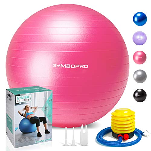 GYMBOPRO Fitness Pelota de Ejercicio - Bola Suiza con Bomba de Inflado ,Bola de yoga antirrebote y antideslizante Bola de equilibrio para gimnasio Pilates Gimnasio de yoga (65 cm, Rosado)