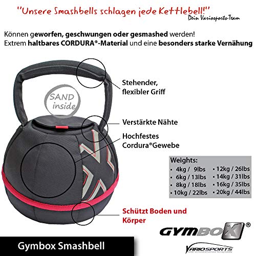 GYMBOX® Bolsa de Arena/Pesas Rusas/Kettlebell/Fitness Bag/Power Bag | Entrenamiento Muscular/Funcional/de Pesas Libres | Puede Estar llenado con Arena | Negro, 4 kg | vacío