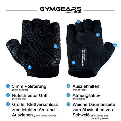 GYMGEARS® Guantes de Entrenamiento para Mujeres y Hombres - Guantes Fitness para Entrenamiento Fuerza, Culturismo, con Pesas y Entrenamiento Crossfit - Unisex (S: 18-20 cm, Negro)