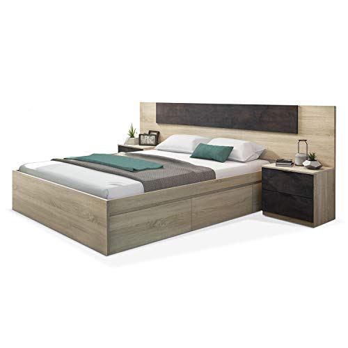 Habitdesign 006088F- Cama con 4 cajones para somier de 150x190, Dimensiones Exteriores 156x196x37 cm Altura (Roble Canadian)