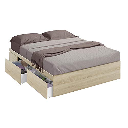 Habitdesign 006088F- Cama con 4 cajones para somier de 150x190, Dimensiones Exteriores 156x196x37 cm Altura (Roble Canadian)