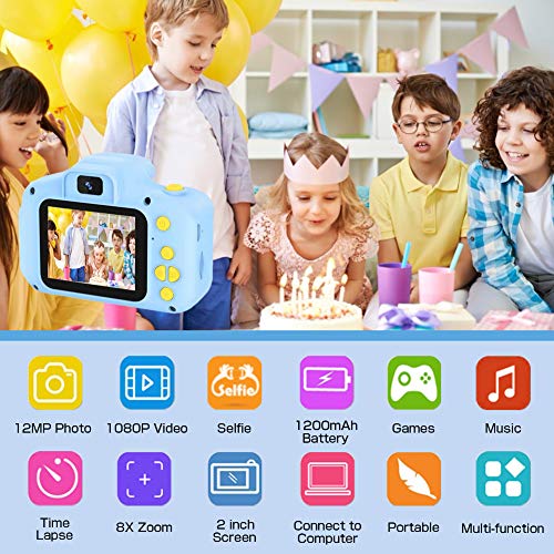 HaiGeng Cámara para Niños 12MP Selfie Cámara Digital 1080P HD Video Cámara Infantil 32GB TF Tarjeta, Estuche de Transporte, Batería Recargable 1200 mAh,2 Pulgadas, Regalos Juguete - Azul