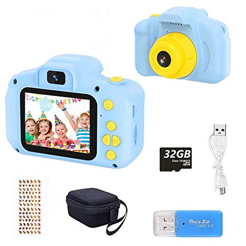 HaiGeng Cámara para Niños 12MP Selfie Cámara Digital 1080P HD Video Cámara Infantil 32GB TF Tarjeta, Estuche de Transporte, Batería Recargable 1200 mAh,2 Pulgadas, Regalos Juguete - Azul