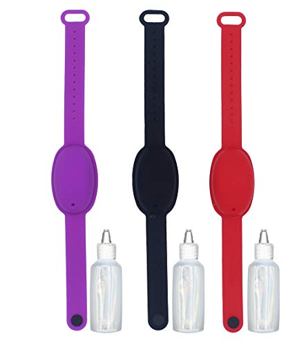 Haioo 3 Piezas de Pulseras Dispensadoras de Gel Desinfectante de Manos con Botella para Recargar, Distintos Colores Pulsera Dispensadora de Líquido de Silicona para Niños y Adultos (Color 1)