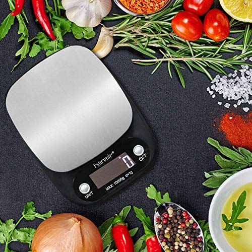 Hanmir Báscula Digital de Cocina Peso de Cocina 10 Kg/ 1 g, Acero Inoxidable, Pantalla LCD, balanza de Cocina, Negro(Baterías Incluidas)