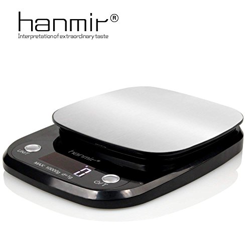 Hanmir Báscula Digital de Cocina Peso de Cocina 10 Kg/ 1 g, Acero Inoxidable, Pantalla LCD, balanza de Cocina, Negro(Baterías Incluidas)
