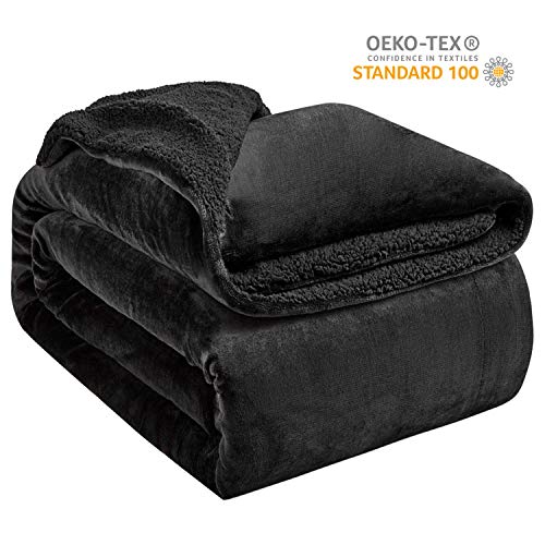 Hansleep Manta Reversible de Franela Sherpa, 130x165 cm Manta Polar para Sofá Cama, 100% Microfibra Cepillada Extra Suave Transpirable - Mantas de Pelo Cálida Acogedor, Negro