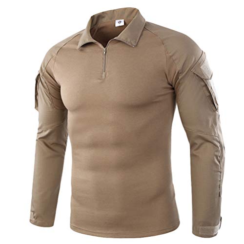 Haobing Hombres Táctico Camisa Manga Larga Respirable Camuflaje Deportes Shirt al Aire Libre Combate Camiseta con Cremallera (Caqui, CN M)