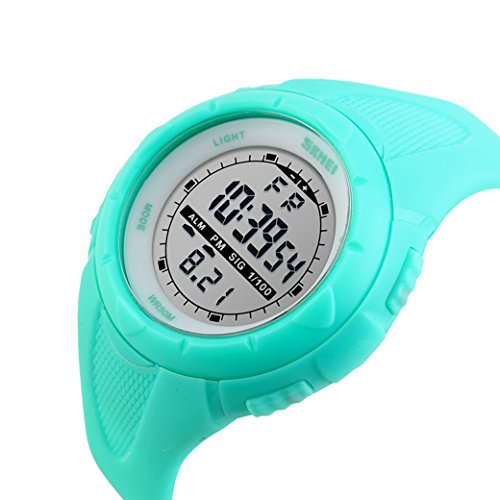 Happy Cherry Deportivo LED Reloj Digital de Cuarzo con Correa de Gaucho Esfera Grande Multifunción Alarma Cronómetro Calendario Waterproof Wrist Watch para Mujer Chica - Azul Claro