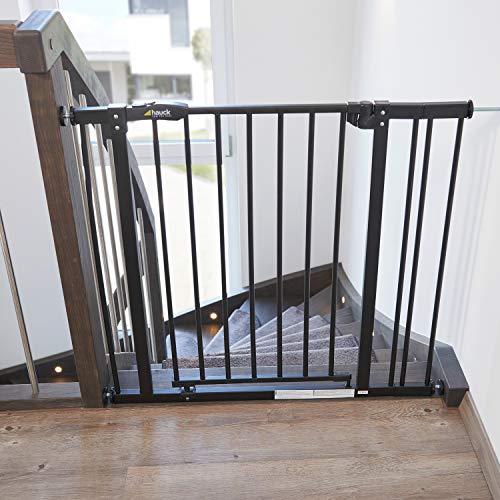 Hauck Close N Stop - Puerta de Seguridad con Extensión de 9 cm, para Puertas y Escaleras 84-89 cm, Sin Agujeros, Combinable con Y-Spindel Para Barandillas, Negro/Gris Marengo