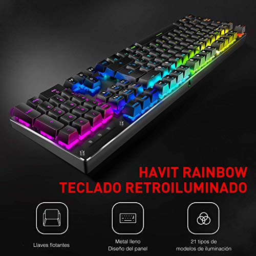 havit Teclado mecánico Gaming y ratón Español Teclados Gaming con Cable, Azul Anti-Efecto Fantasma de 105 Teclas, Ratón Gaming programable, Negro