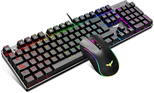 havit Teclado mecánico Gaming y ratón Español Teclados Gaming con Cable, Azul Anti-Efecto Fantasma de 105 Teclas, Ratón Gaming programable, Negro