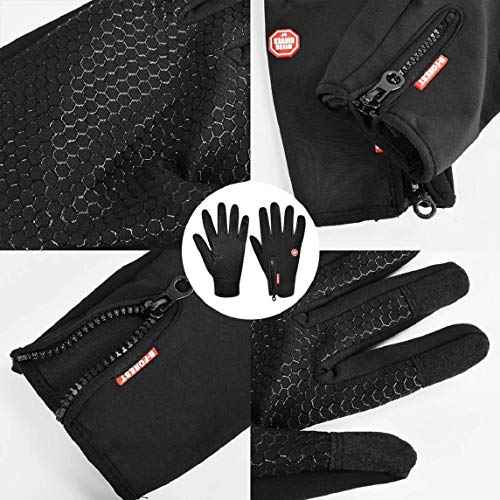 heekpek Guantes de Deportes de Invierno para Hombre Guantes de PU Cálidos con Forro de Lana Gruesa Cremallera Trasera Adicional Guantes de Pantalla Táctil (Negro, M)