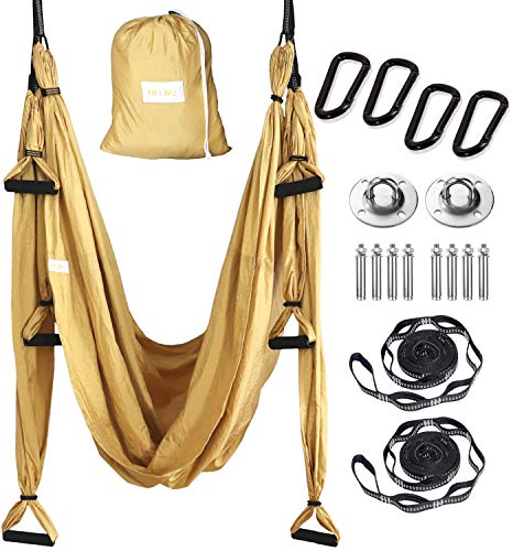 HELIOZ Dorado Columpio de Yoga, Kit de Hamaca Yoga Aéreo, Mosquetones de Bordes Lisos, para Hogar, Gimnasio, al Aire Libre