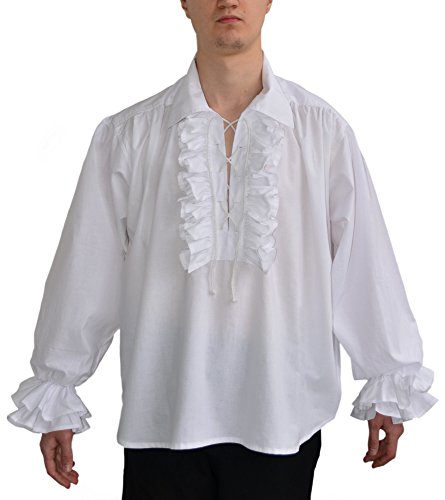 Hemad Camisa de algodón renacentista para Hombres - Gran Cuello y Encaje Frontal – XXXL Blanco