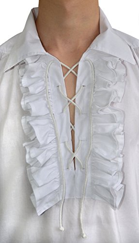 Hemad Camisa de algodón renacentista para Hombres - Gran Cuello y Encaje Frontal – XXXL Blanco
