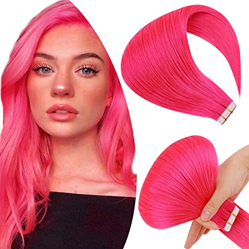 Hetto 16 Pulgada Tape in Hair Extensions Pink Color Extensiones de Cabello Humano Real Silky Straight Remy Adenhensive Double Sided Hair Extensions 10 Pieces 25g Per Pack