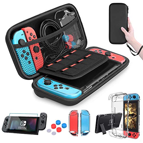 HEYSTOP Nintendo Switch Accesorio, Nintendo Switch Funda + Funda de Transporte para Nintendo Switch + Nintendo Switch Protector de Pantalla + Apretones de Pulgar