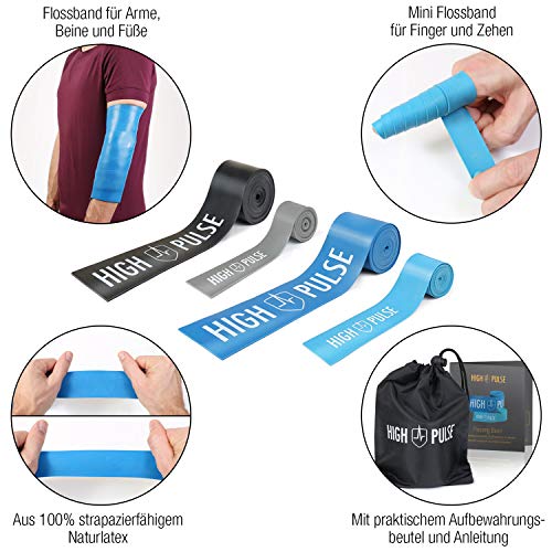 High Pulse® Floss Band | Incl. Bolsa de transporte y accesorios – 2 bandas de compresión – Bandas fitness de atletas para articulaciones, tendones y ligamentos + mini banda para los dedos