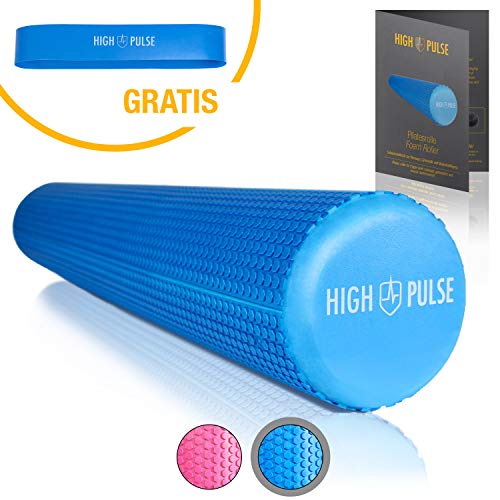 High Pulse Rodillo Pilates 90x15 cm + Póster con Ejercicios + Banda Elástica - Rodillo de Espuma para músculos, Fitness o Masaje de Corporal (Azul)