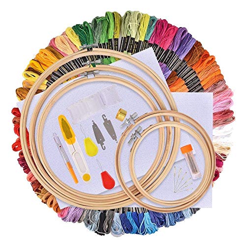 Hilos de Bordar 134 Kit, Kit Inicio de Bordado, Hisome Kit de Herramienta de Punto de Cruz, 5 Pcs Aros de Bambú, 100 Hilos de Colores, 12 x 18 Pulgadas Set de 14 Agujas y Reserva Clásica Aida y Agujas