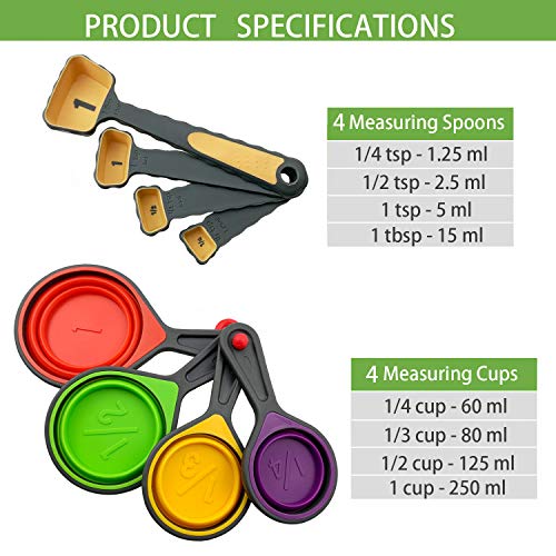 Himi Silicone Collapsible Measuring Cup and Spoon Set with Plastic Handle - Set of 8 - Perfect for Coffee, Supplements, Flour, Grains, Lentils, Spices, Honey, Liquids and Pet Food Feeding