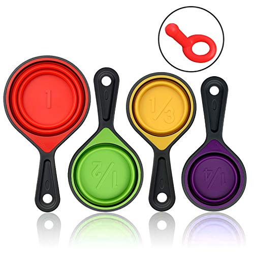 Himi Silicone Collapsible Measuring Cup and Spoon Set with Plastic Handle - Set of 8 - Perfect for Coffee, Supplements, Flour, Grains, Lentils, Spices, Honey, Liquids and Pet Food Feeding