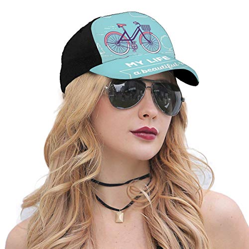 Hip Hop Sun Hat Baseball Cap,Retro Pastel Bike with Basket and Text My Life Is A Beautiful Ride,For Men&Women