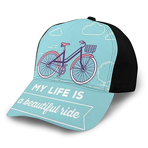 Hip Hop Sun Hat Baseball Cap,Retro Pastel Bike with Basket and Text My Life Is A Beautiful Ride,For Men&Women