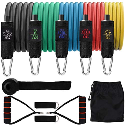 Hiveseen Bandas Elásticas Fitness 150LBS, Set Bandas de Resistencia 11 PCS, 5 Tubos de Látex con Ancla de Puerta y Manijas, Entrenamiento de Resistencia para Fitness, Yoga, Rehabilitación