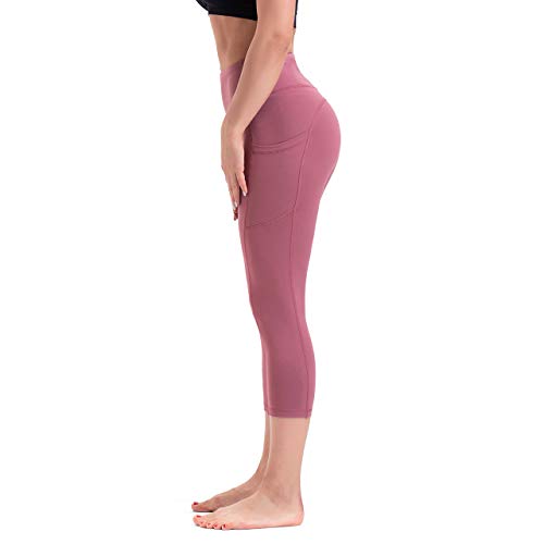 HLTPRO Pantalones de yoga para mujer con bolsillos para teléfono Capri Leggings ropa de entrenamiento con cintura alta y control de barriga Ideal correr deportes atletismo y fitness moda Medium Rosado