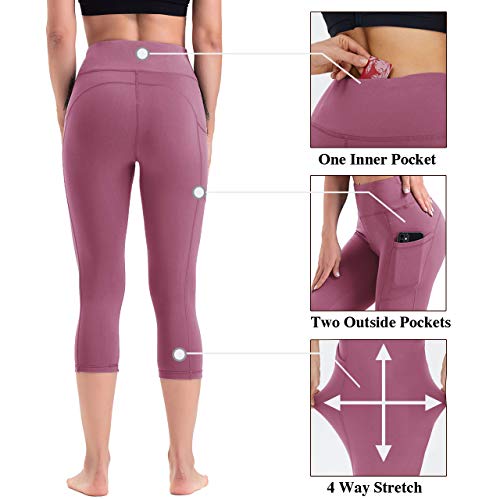 HLTPRO Pantalones de yoga para mujer con bolsillos para teléfono Capri Leggings ropa de entrenamiento con cintura alta y control de barriga Ideal correr deportes atletismo y fitness moda Medium Rosado