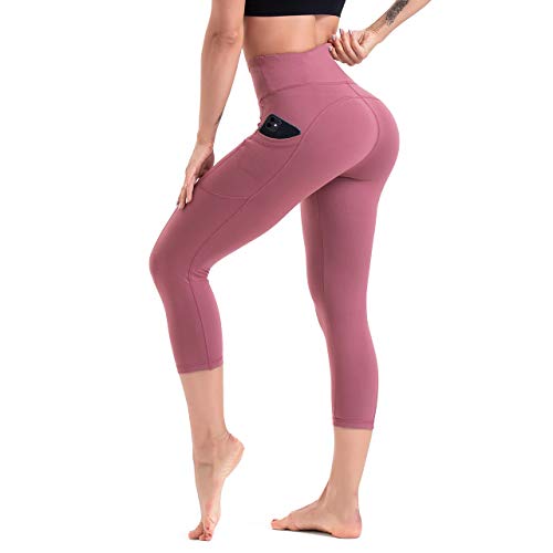 HLTPRO Pantalones de yoga para mujer con bolsillos para teléfono Capri Leggings ropa de entrenamiento con cintura alta y control de barriga Ideal correr deportes atletismo y fitness moda Medium Rosado