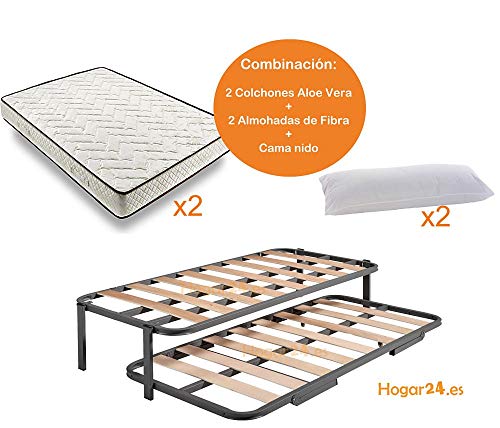 HOGAR24 ES.es-Cama Nido Estructura Reforzada Doble Barra Superior (4 Patas) + 2 Flexitex + 2 Almohadas de Fibra, 90x190cm