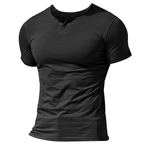 Hombres Casual Manga Corta Camiseta Soltero Botón Abertura Llano v Cuello Camisas Algodón