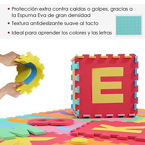 HOMCOM Alfombra Puzzle para Niños 31x31cm 36 Piezas Numeros 0 al 9 y 26 Letras Alfabeto Goma Espuma Alfombrilla de Juego para Bebe Infantil Área de Cobertura 3.13㎡