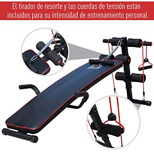 HOMCOM Banco de Abdominales Altura Ajustable Banco de Musculación Multifuncional para Fitness Entrenamiento de Espalda Abdominal Piernas Carga 120kg con 2 Cuerdas y 1 Tirador de Resorte