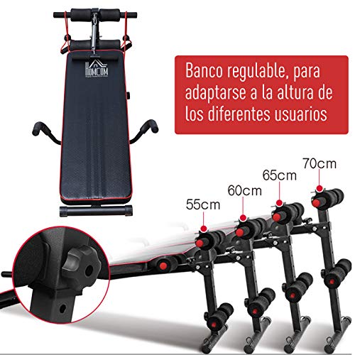 HOMCOM Banco de Abdominales Altura Ajustable Banco de Musculación Multifuncional para Fitness Entrenamiento de Espalda Abdominal Piernas Carga 120kg con 2 Cuerdas y 1 Tirador de Resorte