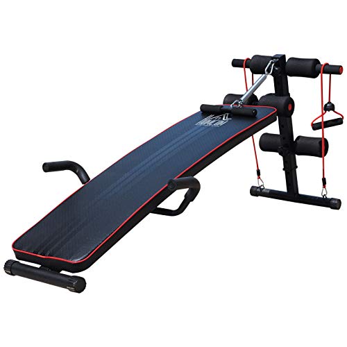 HOMCOM Banco de Abdominales Altura Ajustable Banco de Musculación Multifuncional para Fitness Entrenamiento de Espalda Abdominal Piernas Carga 120kg con 2 Cuerdas y 1 Tirador de Resorte