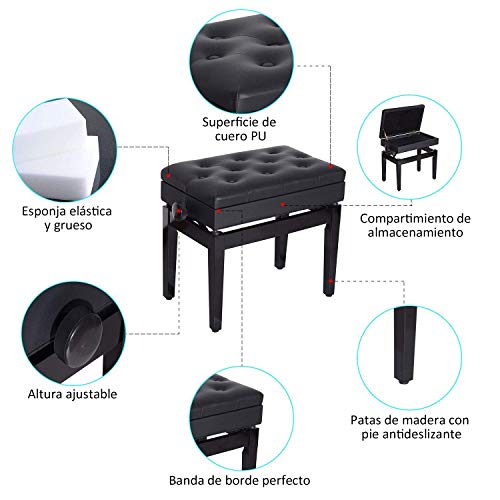 HOMCOM Banco de Piano Taburete Piano con Espacio de Almacenamiento Altura Regulable