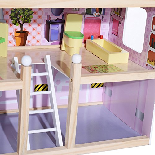 HOMCOM Casa de Muñecas con Muebles Mobiliario Casita Muñeca Jueguetes Madera con 13 Accesorios incluidos y 4 Niveles Color Rosa