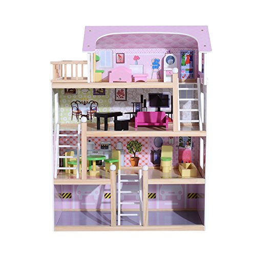 HOMCOM Casa de Muñecas con Muebles Mobiliario Casita Muñeca Jueguetes Madera con 13 Accesorios incluidos y 4 Niveles Color Rosa