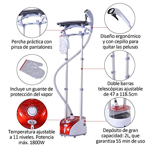 HOMCOM Cepillo de Vapor para Ropa 1800W Temperatura Ajustable a 11 Niveles Centro de Planchado Vertical de Doble Barra con Depósito de 2L en 38s de Calentamiento