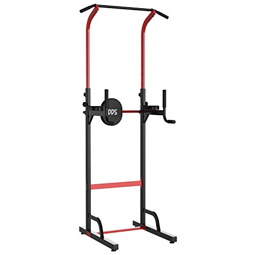 HOMCOM Estación Dip Torre de Dominadas para Hogar Oficina Gimnasio Altura Ajustable con 6 Orificios Tubo de Acero Soporta hasta 120 kg 94x80,5x180-230 cm Negro