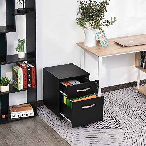 HOMCOM Gabinete de Archivos Móvil con 2 Cajones Armario para Oficina Estudio Ruedas con Frenos Llave Riel Colgante Diseño Moderno 40x45,5x52,5 cm Negro