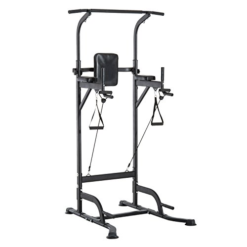 HOMCOM Power Tower Máquina de Musculación Multiestación 5 en 1 Ejercicios Dip Pull-up Flexiones y Abdominales 124x96x172-224cm Marco de Acero y Carga 120kg