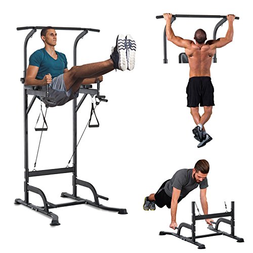 HOMCOM Power Tower Máquina de Musculación Multiestación 5 en 1 Ejercicios Dip Pull-up Flexiones y Abdominales 124x96x172-224cm Marco de Acero y Carga 120kg