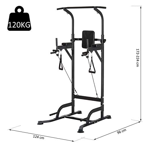 HOMCOM Power Tower Máquina de Musculación Multiestación 5 en 1 Ejercicios Dip Pull-up Flexiones y Abdominales 124x96x172-224cm Marco de Acero y Carga 120kg